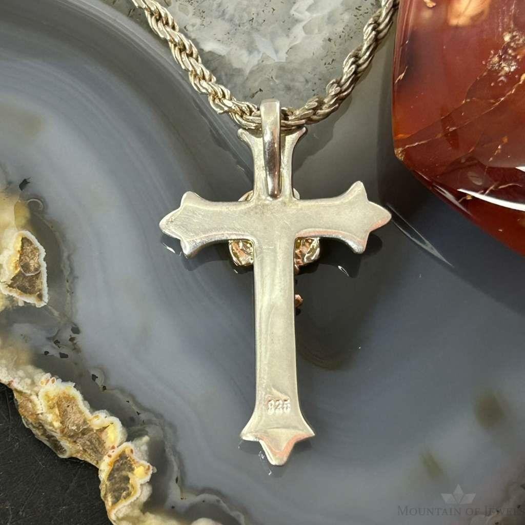 Sterling Silver Hammered Decorated Cross Pendant with Copper Rose For Women