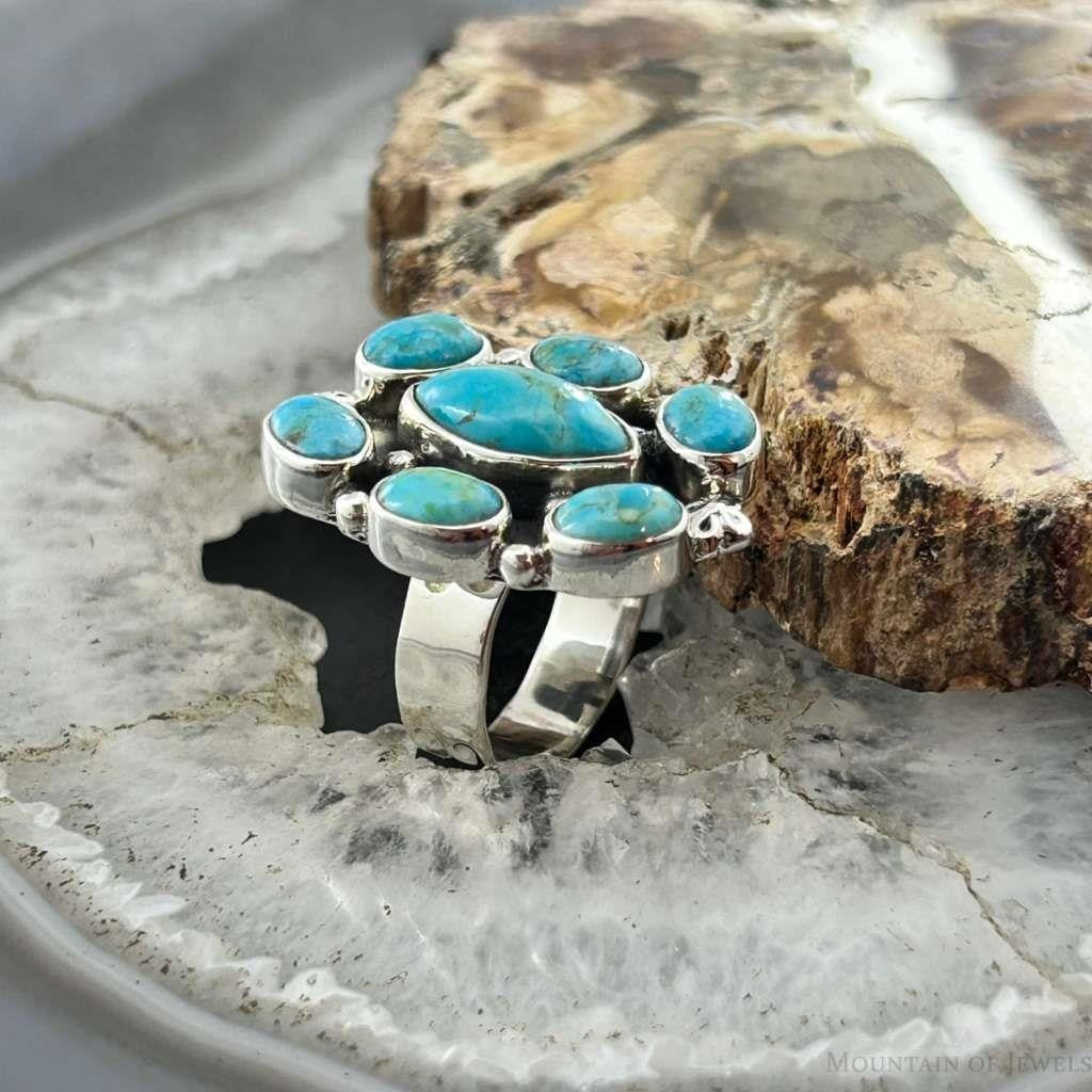 Sterling Southwestern Style Mohave Turquoise Cluster Ring Size 8 For Women
