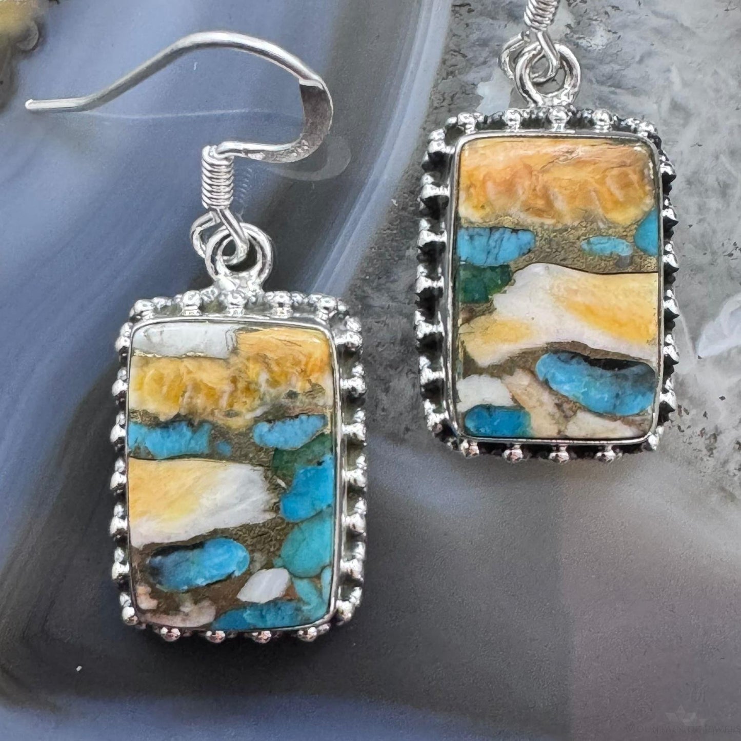 Sterling Silver Southwestern Style Rectangle Spiny Oyster Turquoise Dangle Earrings For Women