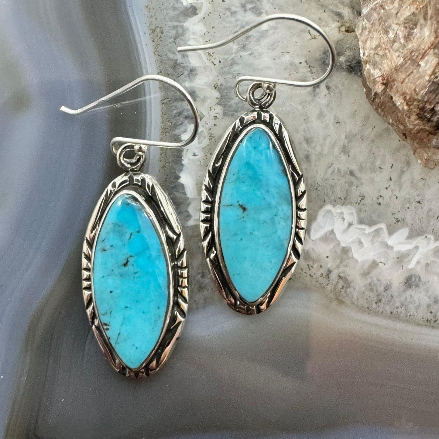 Native American Sterling Silver Marquise Turquoise Dangle Earrings For Women