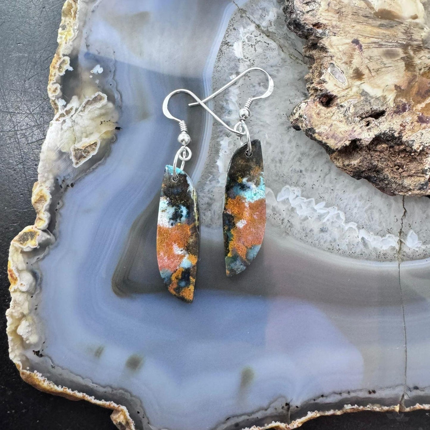 Sterling Silver Tilde Shape Chrysocolla Slab Dangle Earrings For Women #228