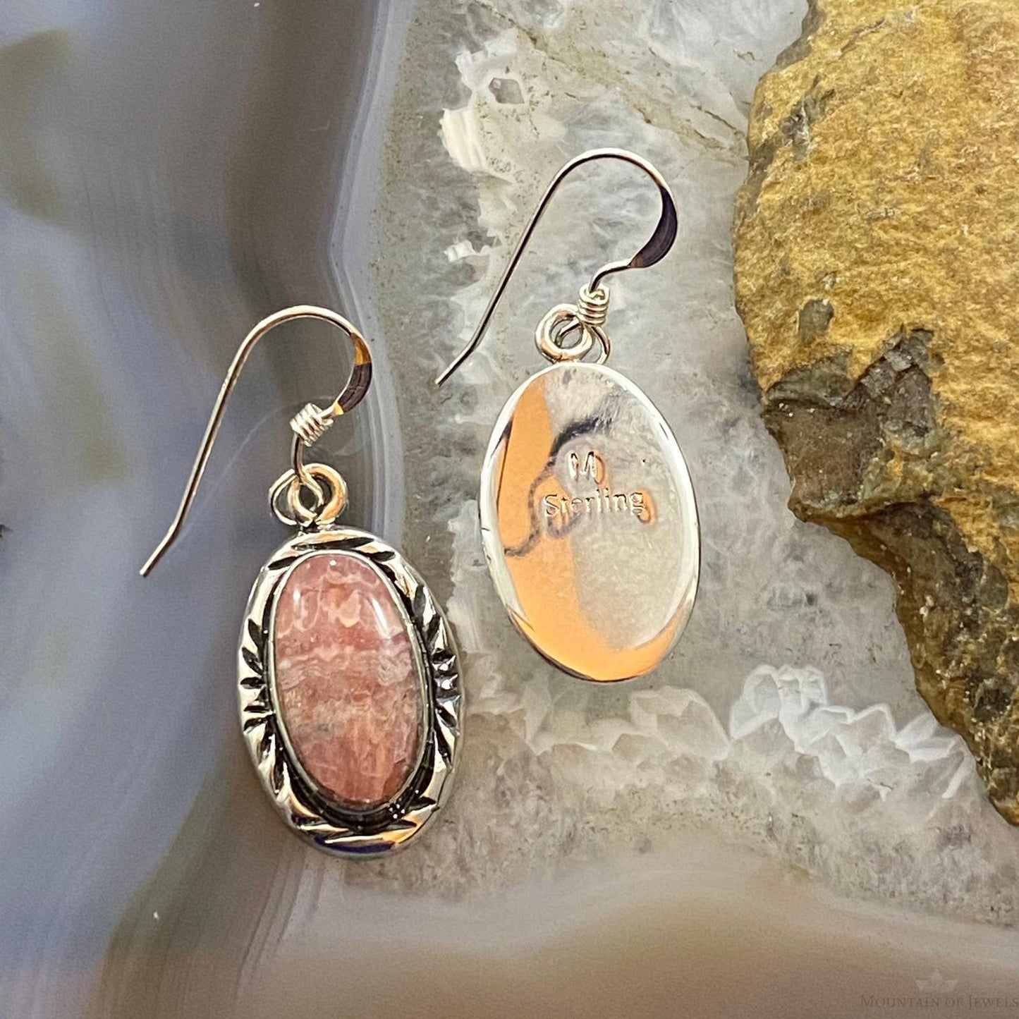 Native American Sterling Silver Oval Rhodochrosite Dangle Earrings For Women