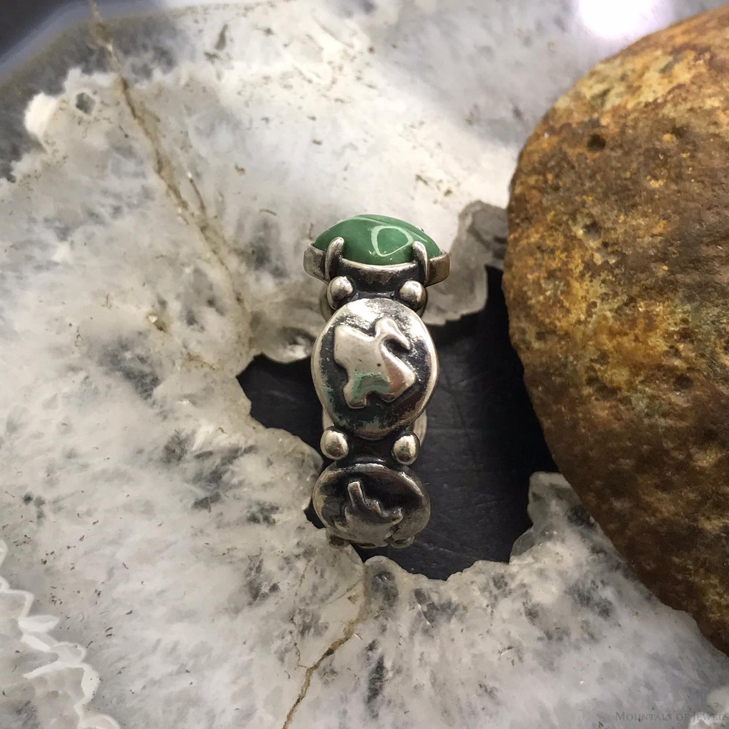 Jody Naranjo Sterling Silver Diamond Shape Green Turquoise Petroglyph Ring Size 9 For Women