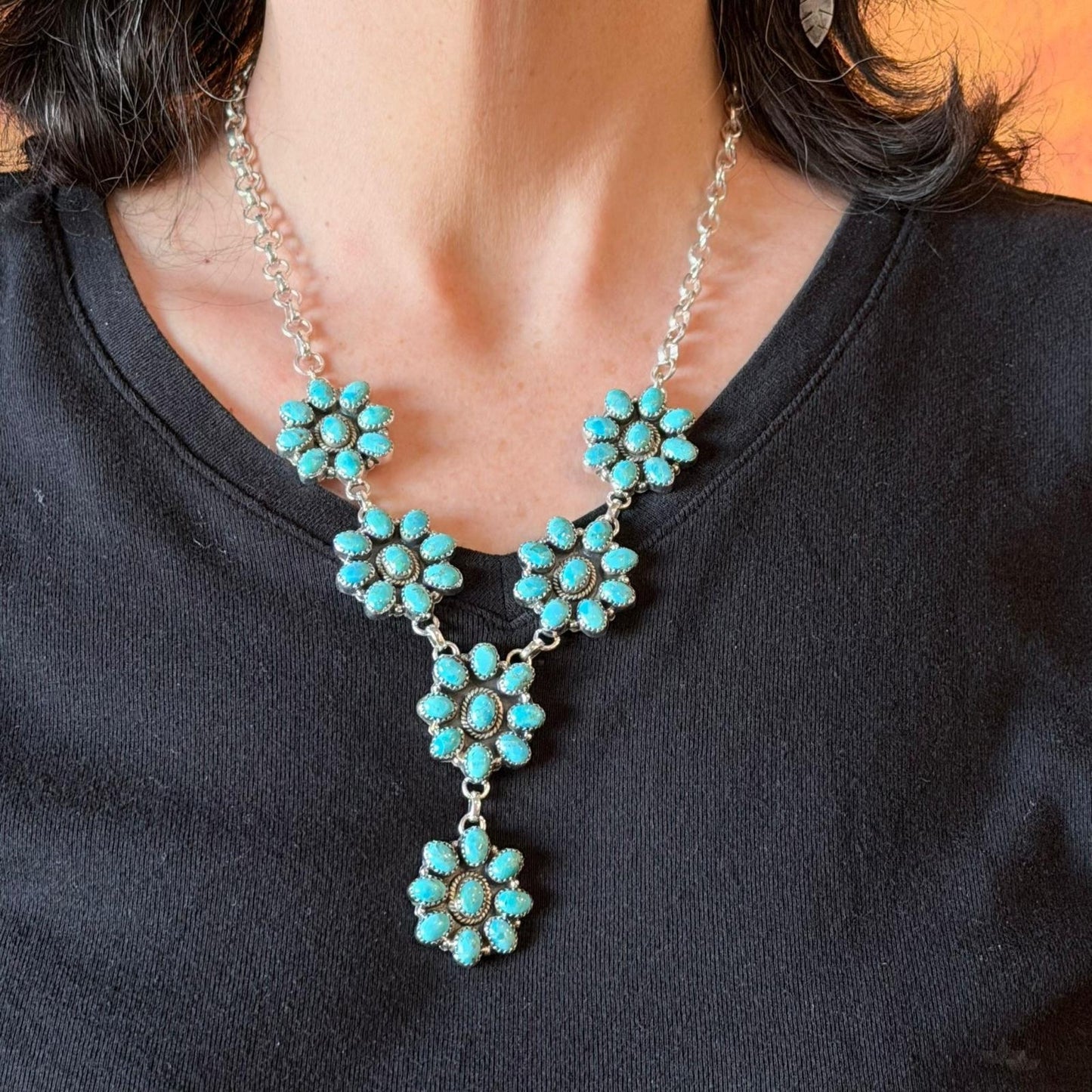 Sterling Silver Southwestern Style Turquoise 6 Cluster 19" Necklace For Women