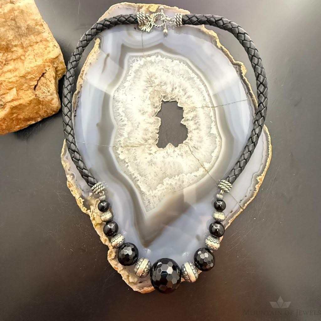 Carolyn Pollack Sterling Rounded & Faceted Onyx Beads Braided Leather Necklace For Women
