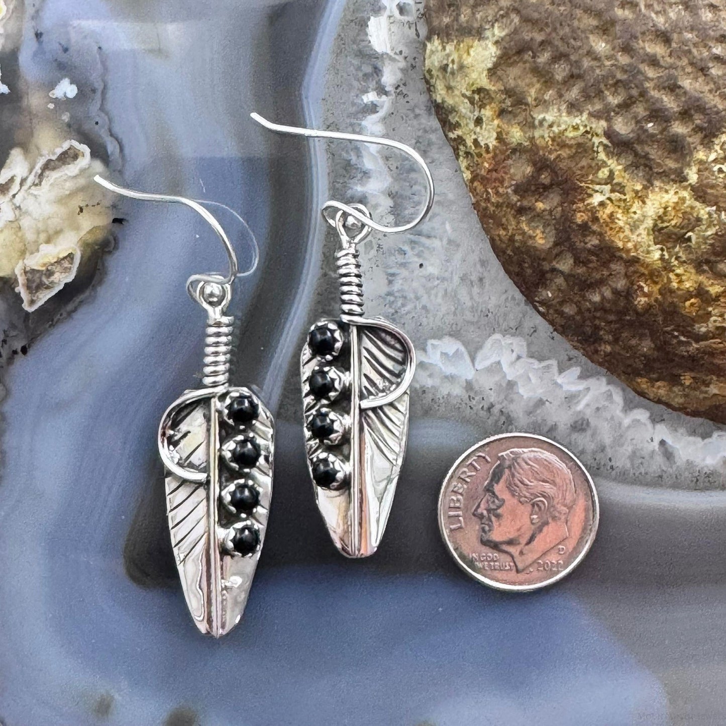 Sterling Silver Southwestern Style 4 Onyx Dots Feather Dangle Earrings For Women
