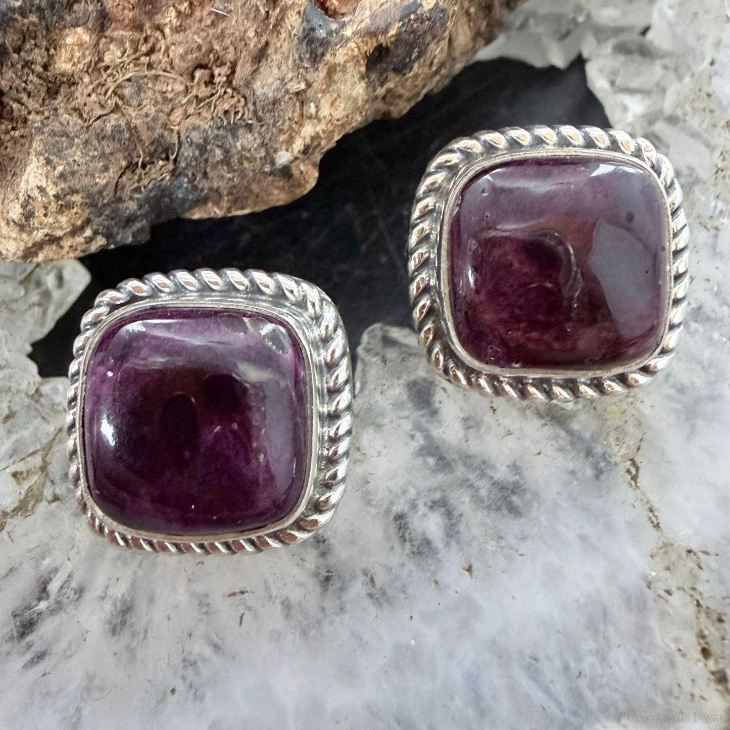 Native American Sterling Silver Square Purple Spiny Oyster Stud Earrings For Women