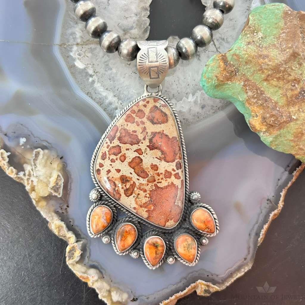 Sterling Silver Southwestern Style Picture Jasper & Spiny Oyster Pendant For Women
