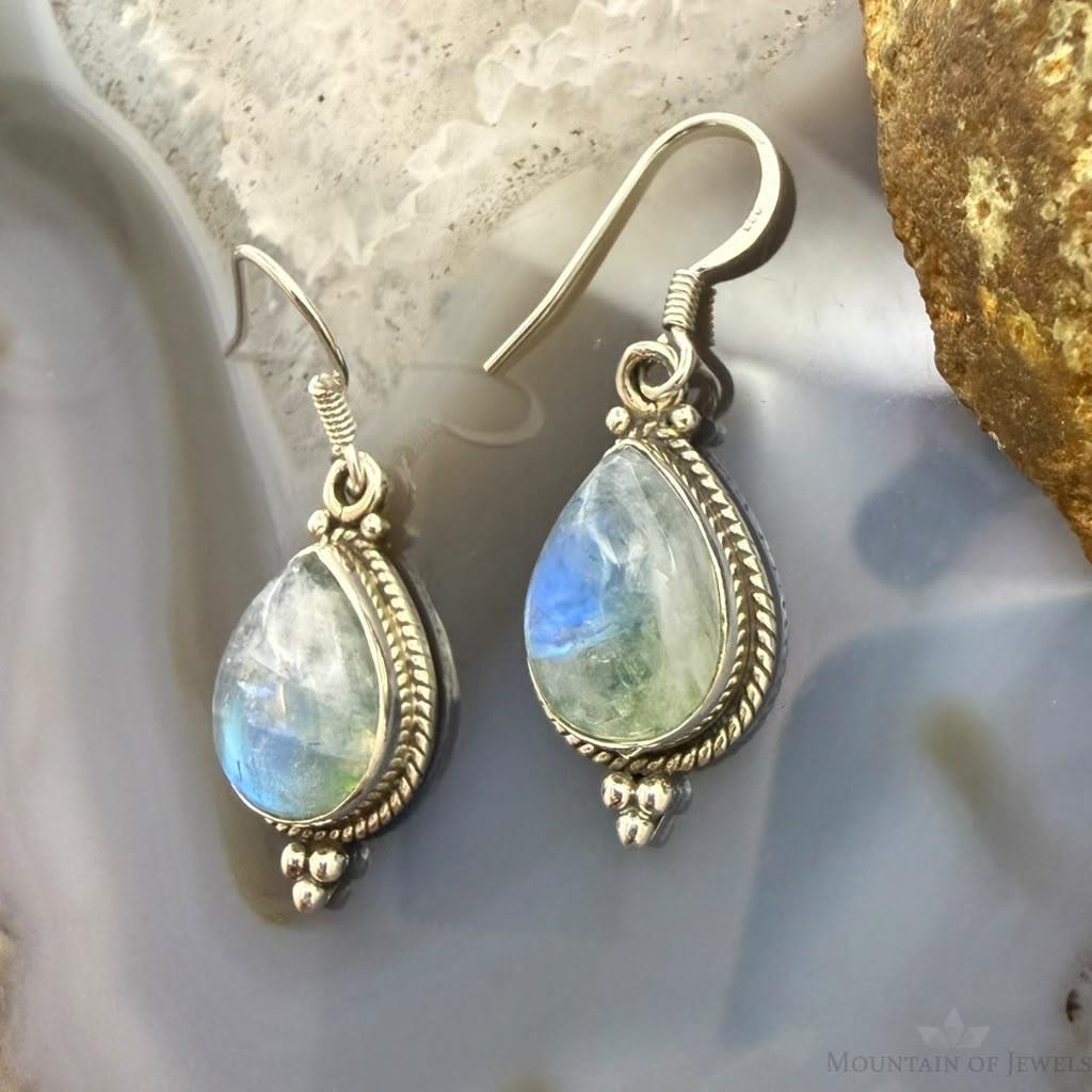 Sterling Silver Southwestern Style Teardrop Moonstone Decrated Dangle Earrings For Women