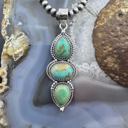 Sterling Silver Southwestern Style 3 Turquoise Decorated Pendant For Women