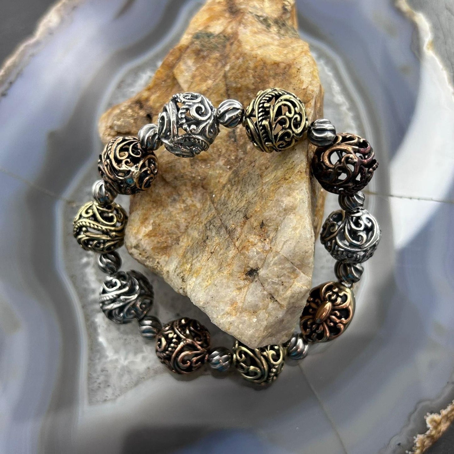 Carolyn Pollack Sterling Silver, Brass, Copper Decorated Swirl Beads Bracelet For Women