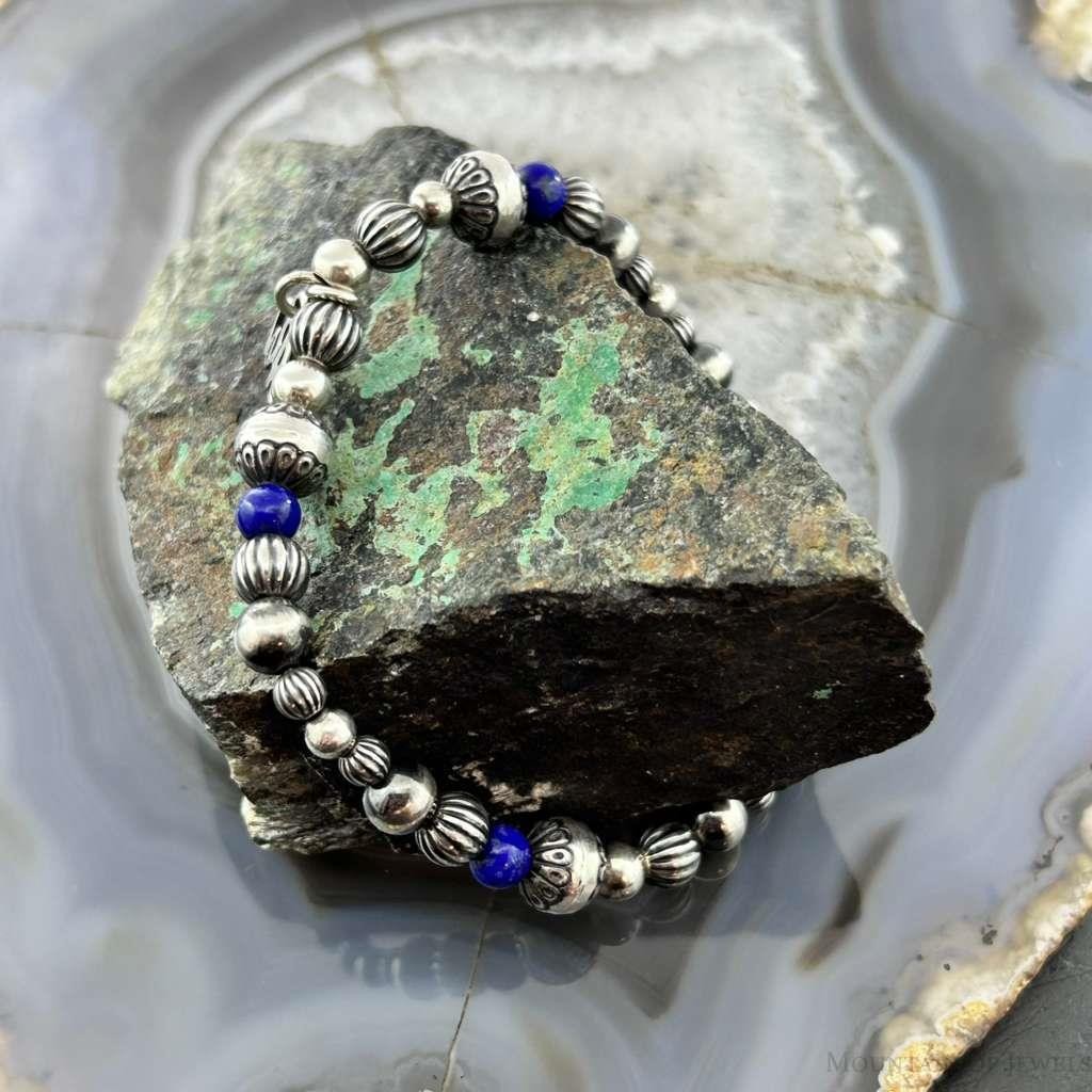 Carolyn Pollack Sterling Silver Navajo Pearl Style Bead & Lapis Bead Stretch Bracelet For Women