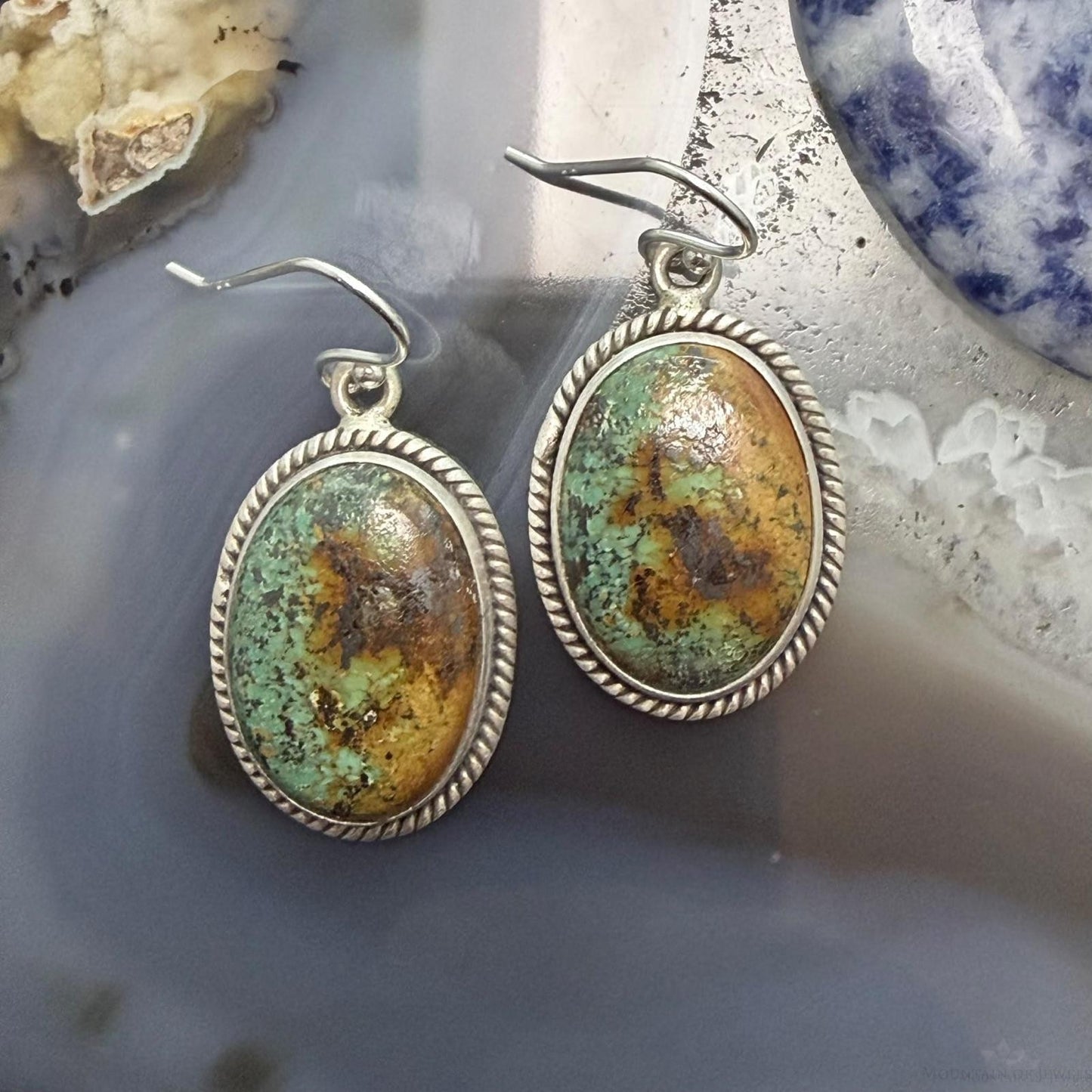 Sterling Silver Southwestern Style Oval Royston Turquoise Dangle Earrings For Women