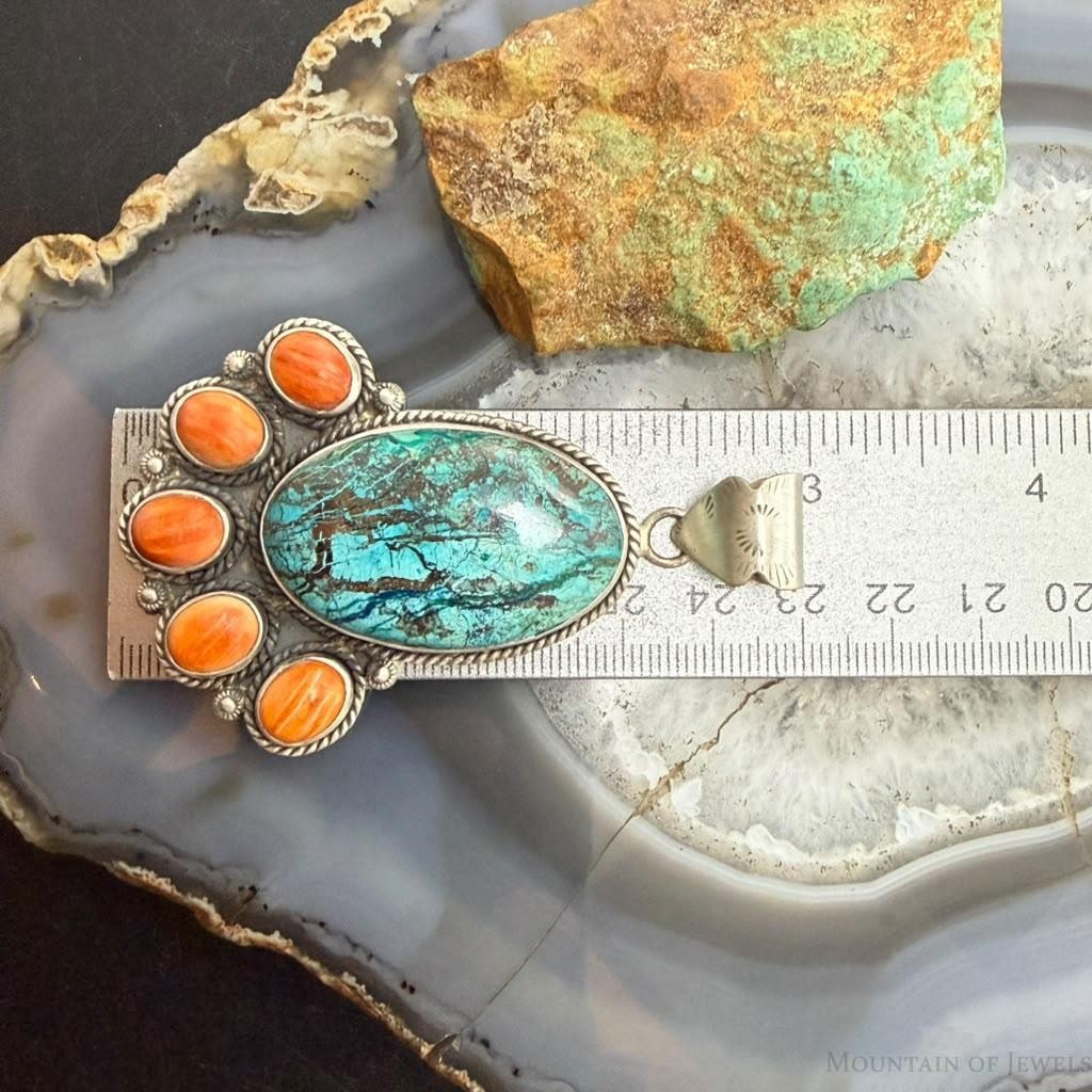 Sterling Silver Southwestern Style Azurite Malachite & Spiny Oyster Decorated Pendant