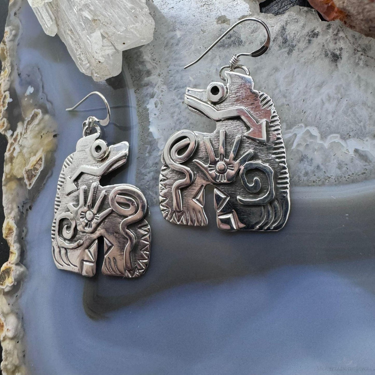 Brad Panteah Sterling Silver Spirit Bear w/Petroglyph Symbols Dangle Earrings For Women