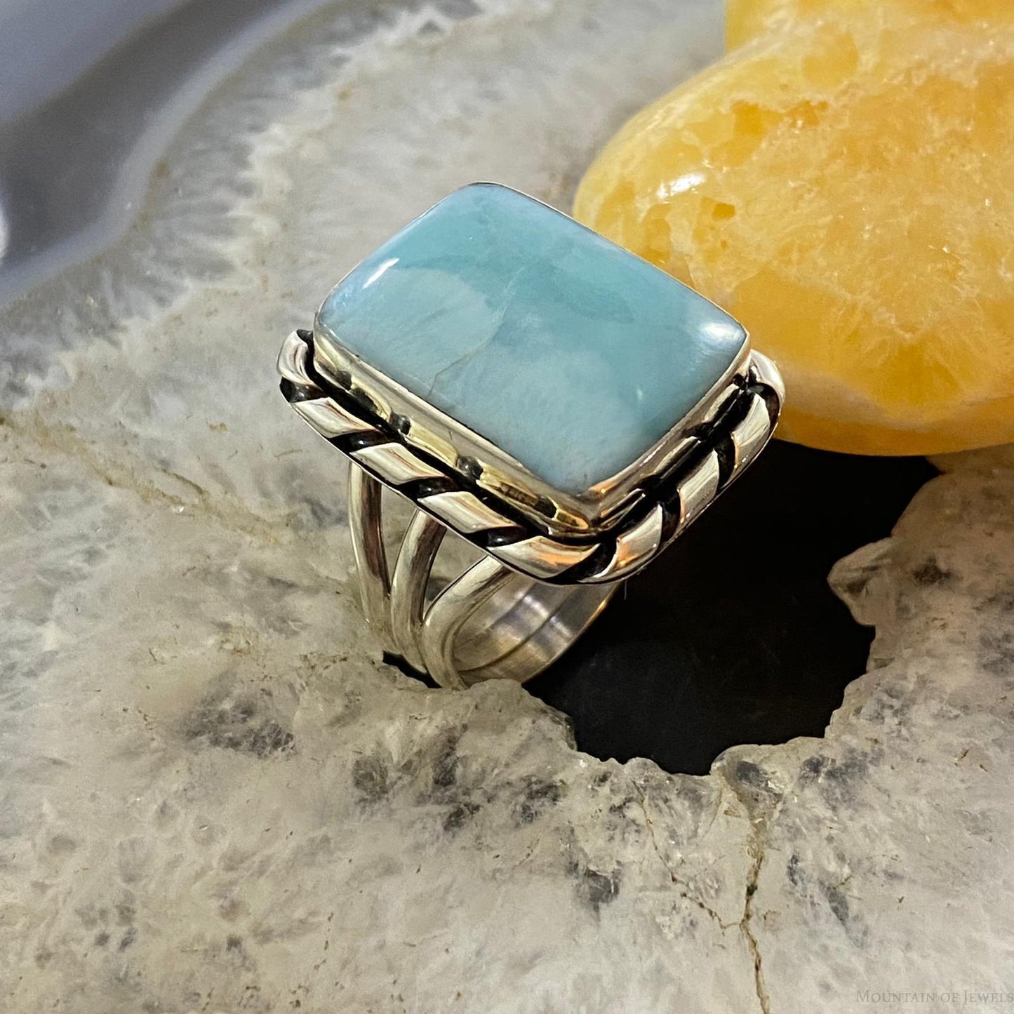 Native American Sterling Silver Larimar Rectangle Bar Ring Size 8.5 For Women