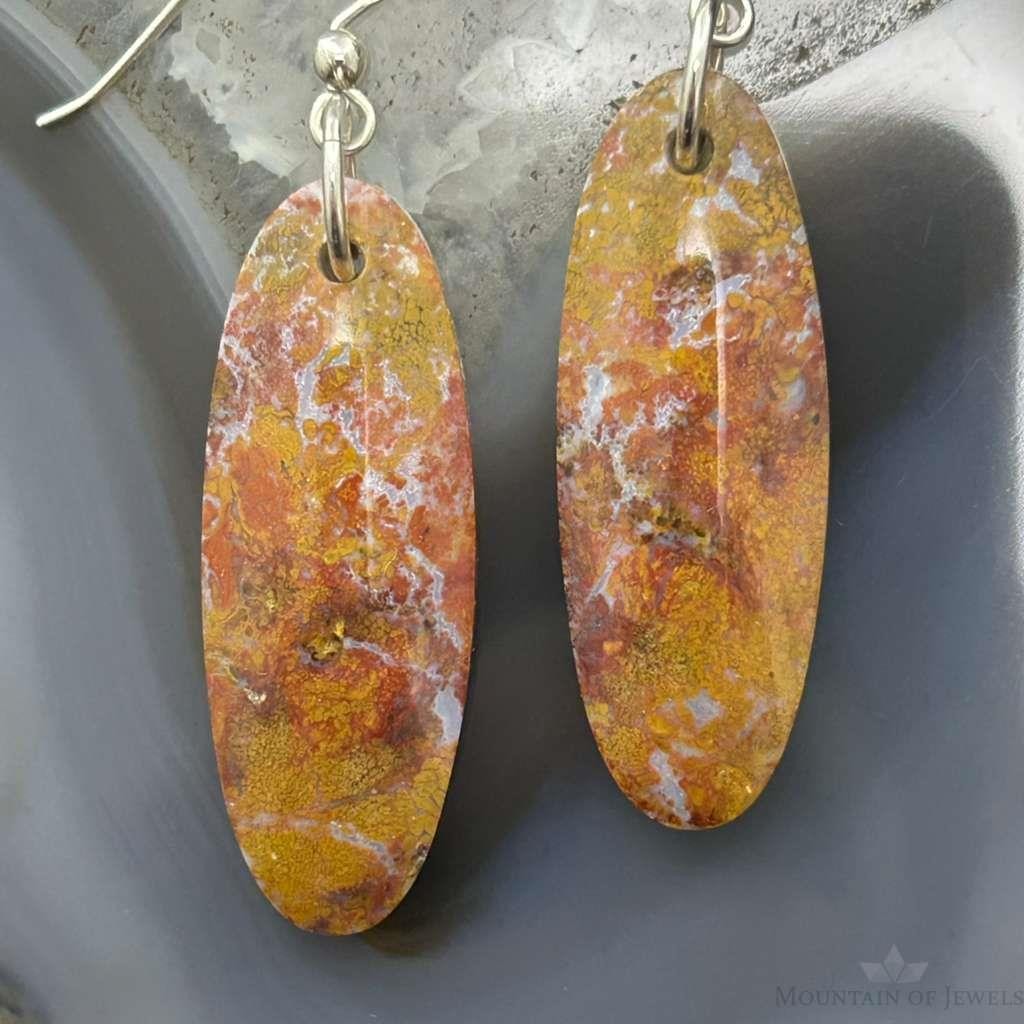 Sterling Silver Oval Plum Moss Agate Slab Dangle Earrings For Women #517