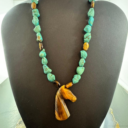 Vintage Kingman Turquoise & Tiger's Eye Beads Necklace w/Horse Head 24" Necklace For Women