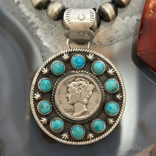 Genuine 1943 90% Silver Mercury Dime Coin Mohave Turquoise Unisex Pendant
