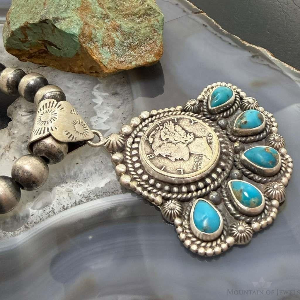 Sterling Silver Southwestern Style 1942 Mercury Dime & Kingman Turquoise Pendant