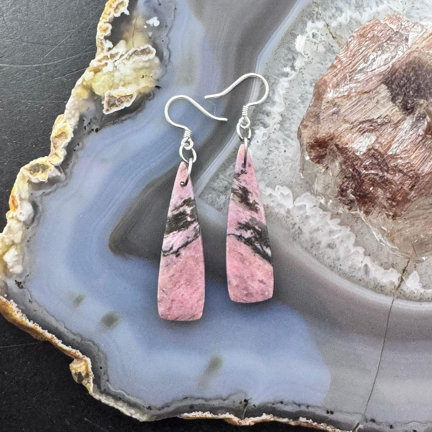 Sterling Silver Elongated Triangle Rhodonite Slab Dangle Earrings For Women #241