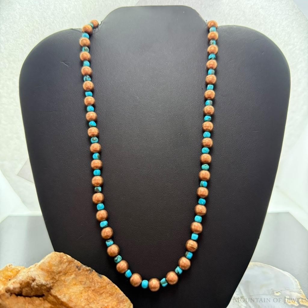 Copper Navajo Pearl Beads & Turquoise Beaded 20" Necklace For Women