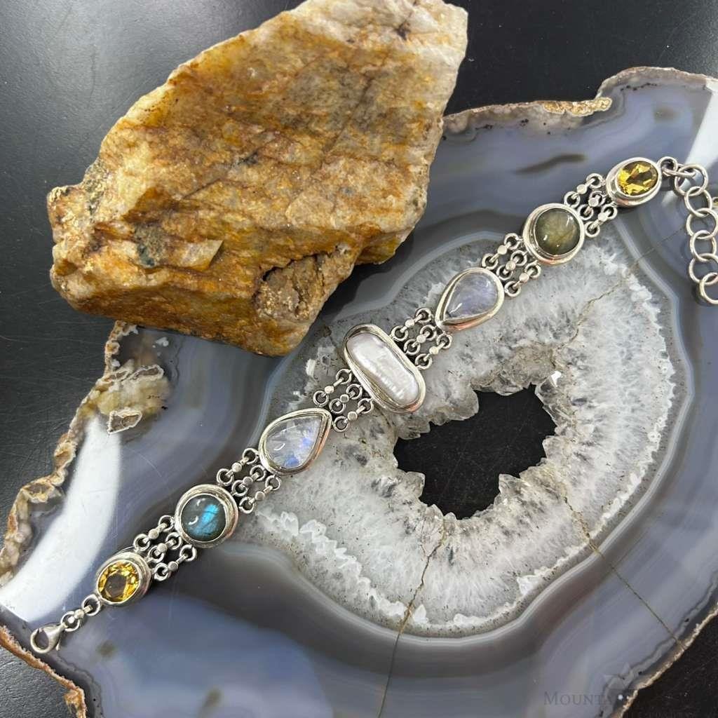 Sterling Silver Multi Stone Link Fashion 7"-8" Bracelet For Women