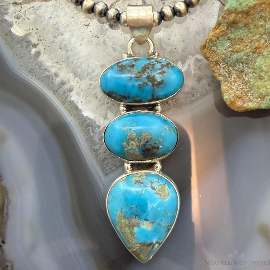 Sterling Silver Southwestern Style 3 Kingman Turquoise Pendant For Women