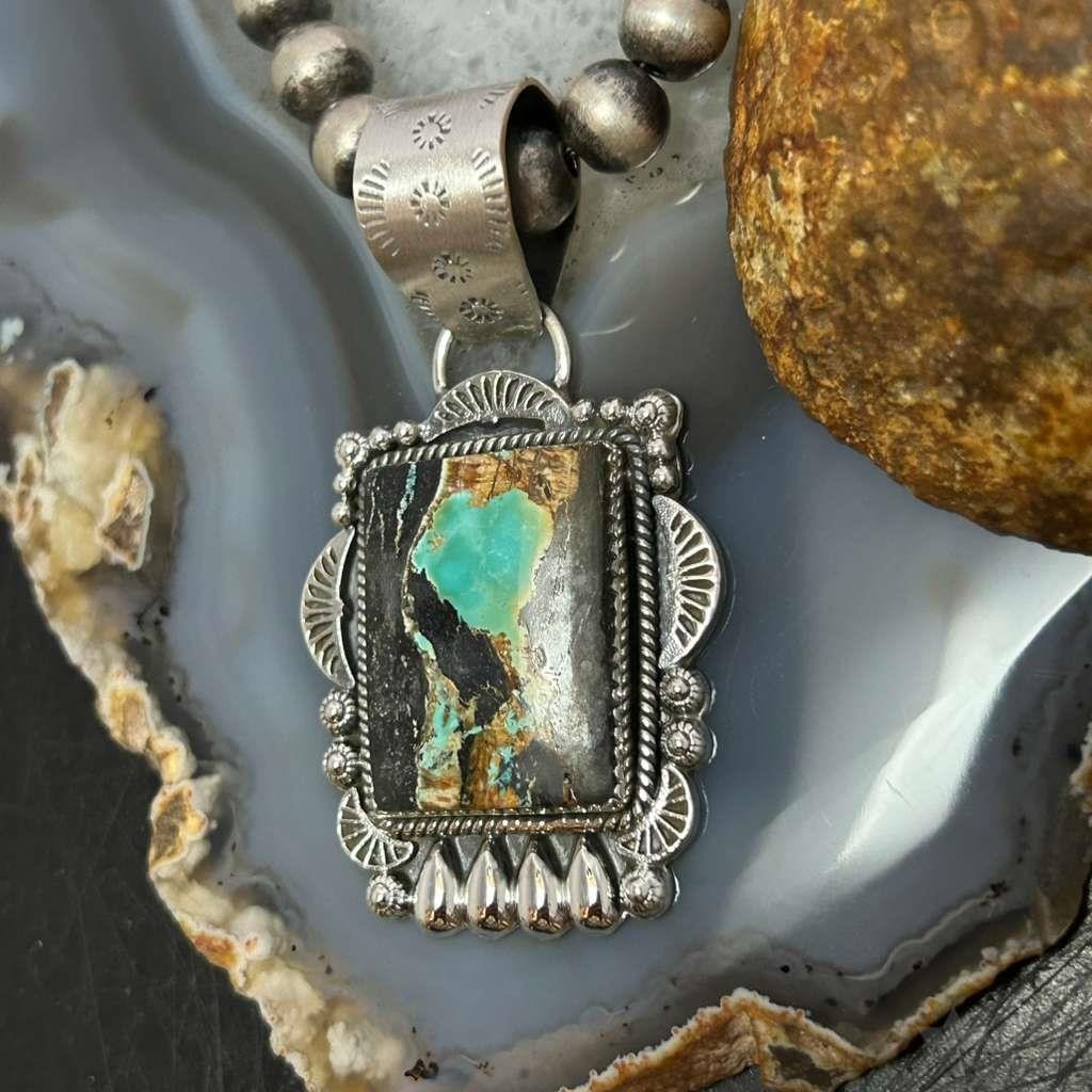 Sterling Silver Southwestern Style Rectangle Blackjack Turquoise Pendant For Women #1