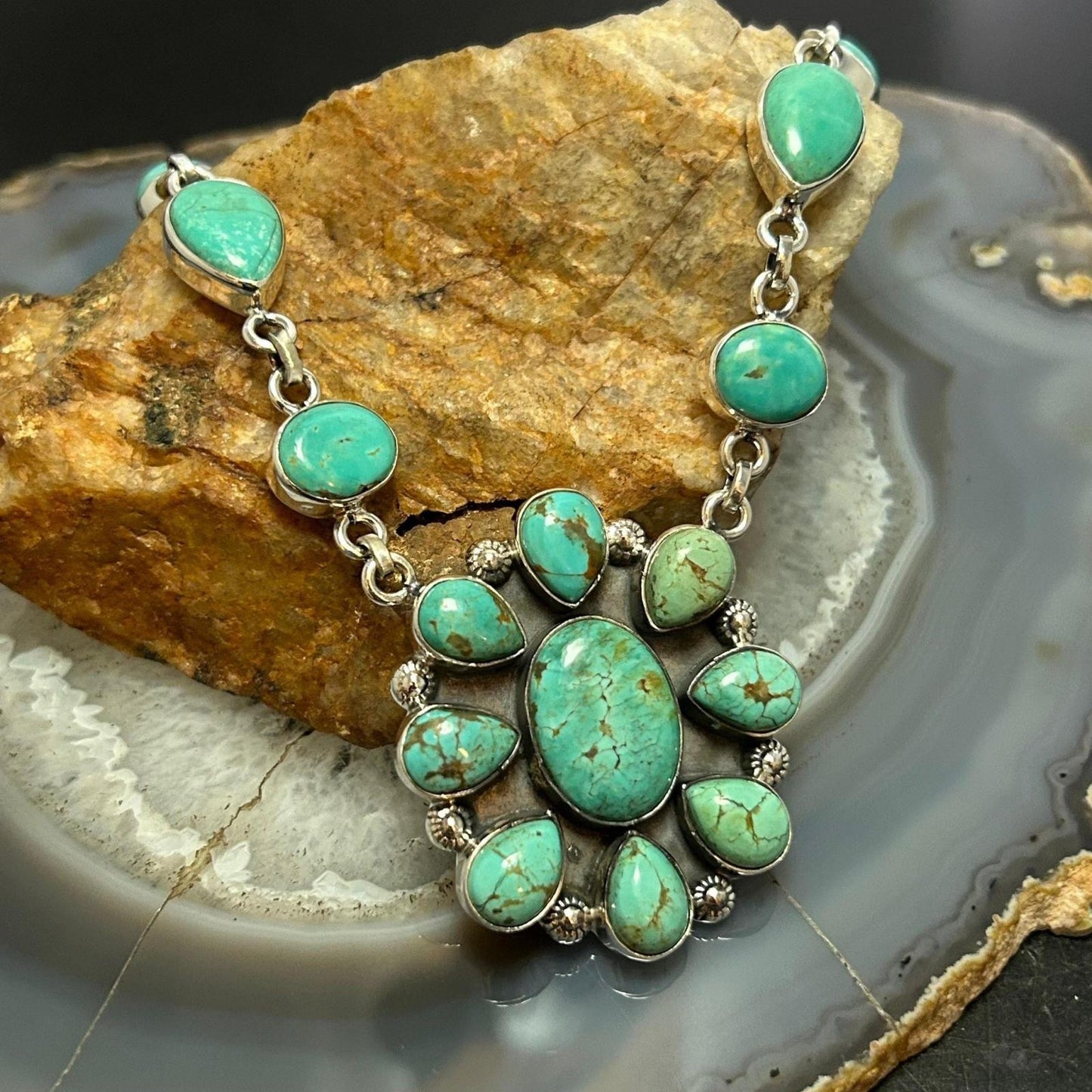 Sterling Silver Southwestern Style Tyrone Turquoise Cluster 18" Necklace For Women