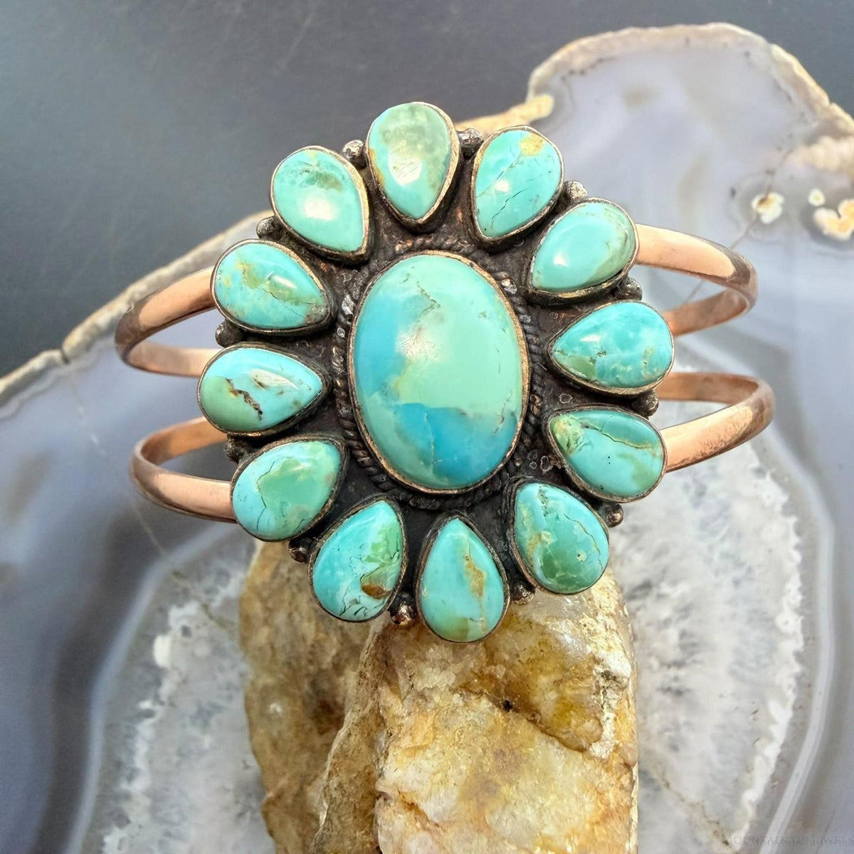 Copper Southwestern Style Mohave Turquoise Decorated Cluster Bracelet For Women