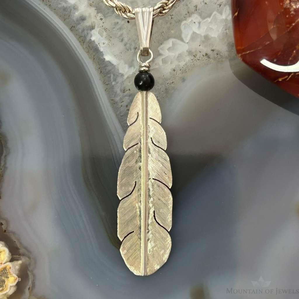 Anthony Gatewood Sterling Silver Onyx Beads Feather Pendant For Women