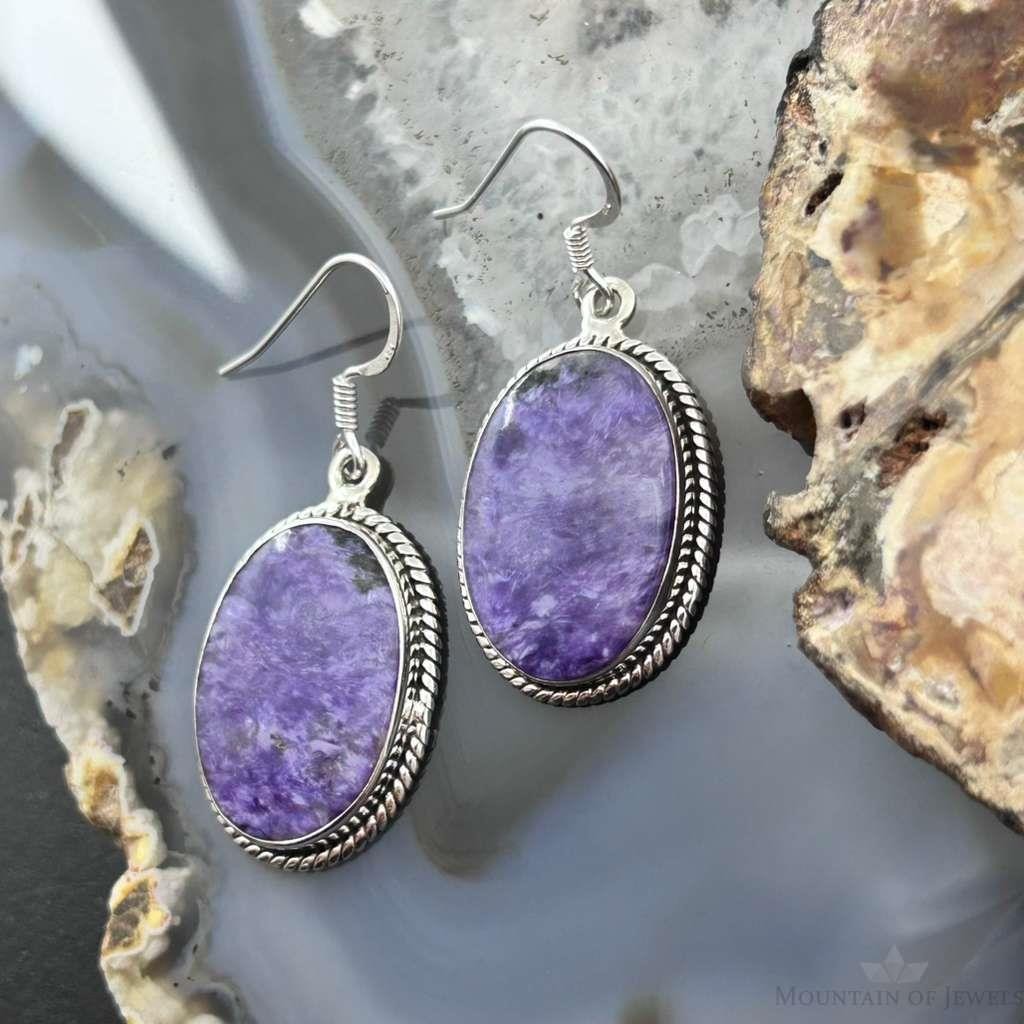 Sterling Silver Southwestern Style Oval Charoite Dangle Earrings For Women