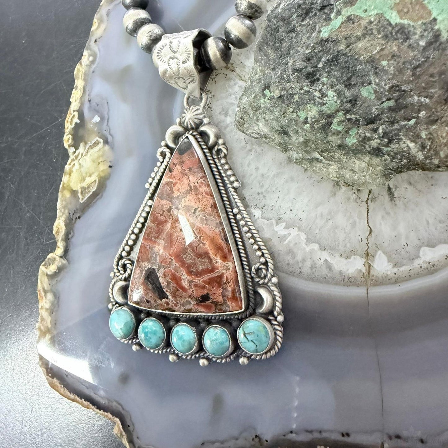Sterling Silver Southwestern Style Triangle Dendritic Jasper & Turquoise Pendant For Women