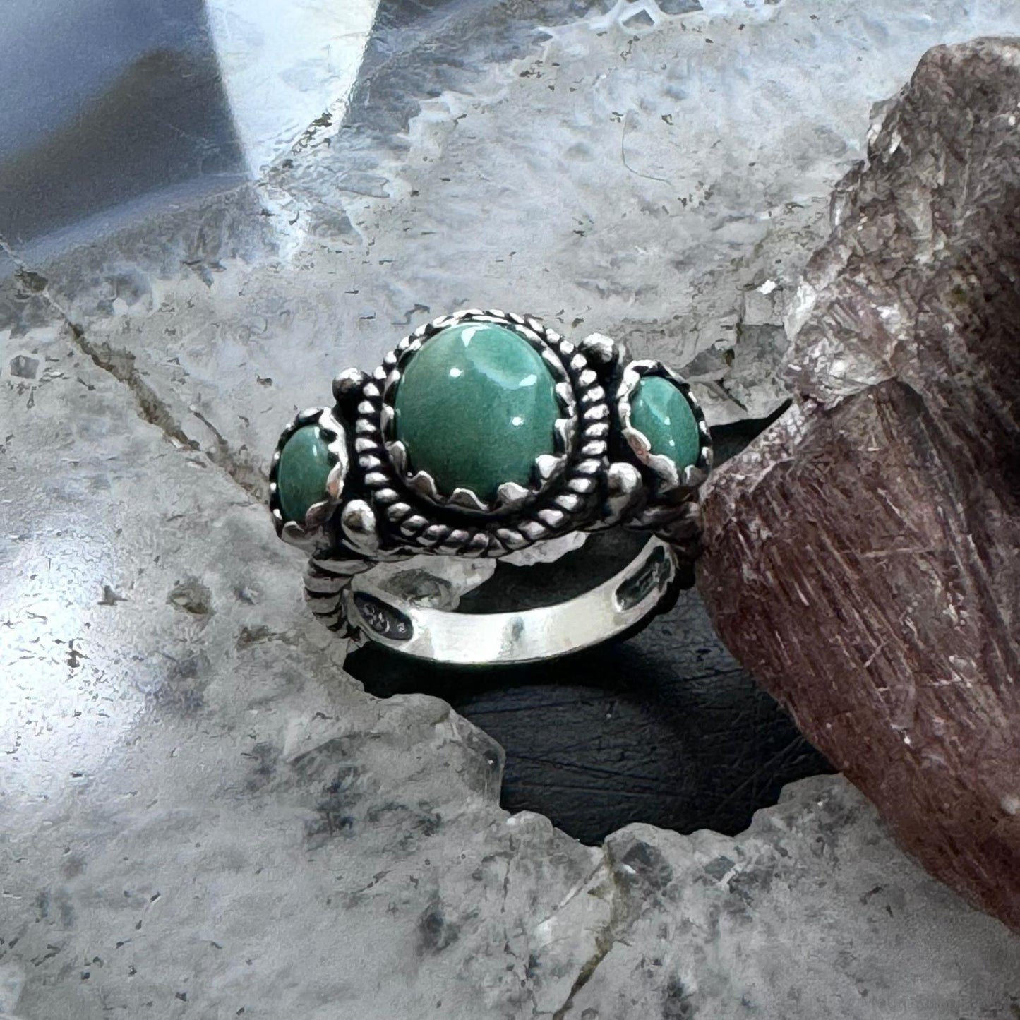 Carolyn Pollack Sterling Silver 3 Oval Green Turquoise Decorated Ring For Women