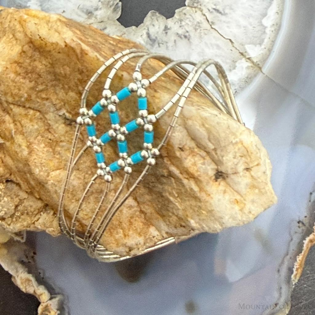 Sterling Silver Liquid Silver & Turquoise Woven Beaded 7" Bracelet For Women