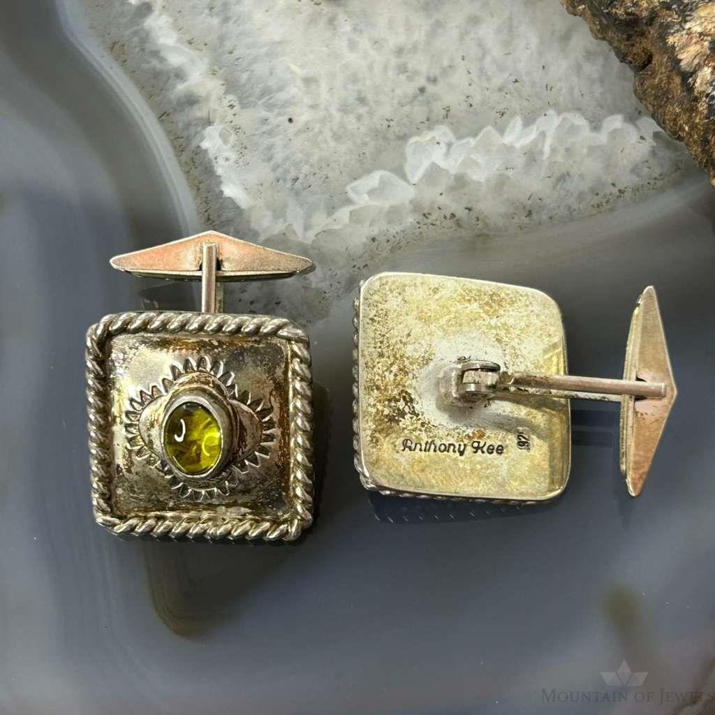 Anthony Kee Native American Sterling Silver Square Cufflinks w/Peridot For Men
