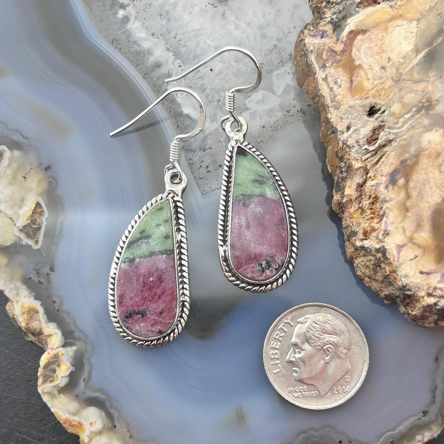 Sterling Silver Southwestern Style Paisley Ruby Zoisite Dangle Earrings For Women