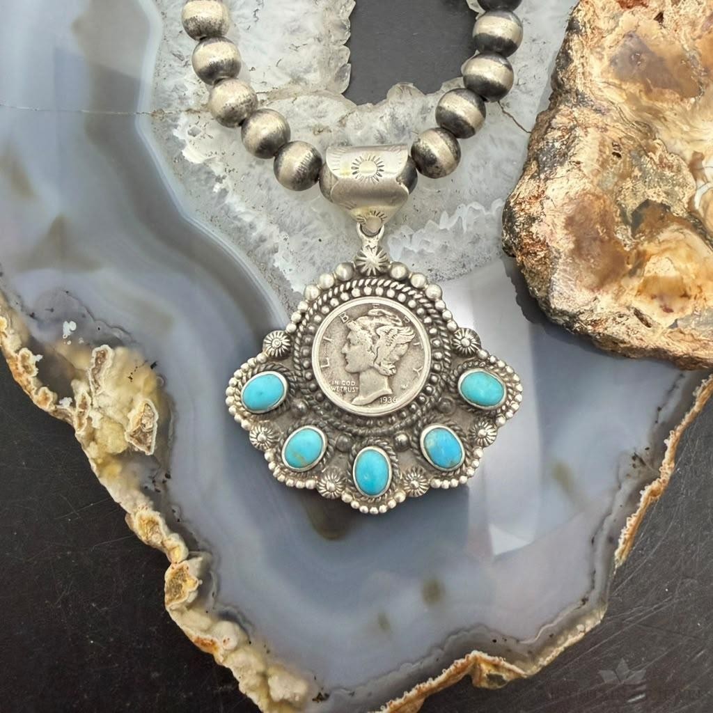 Sterling Silver Southwestern Style 1936 Mercury Dime &Kingman Turquoise Pendant