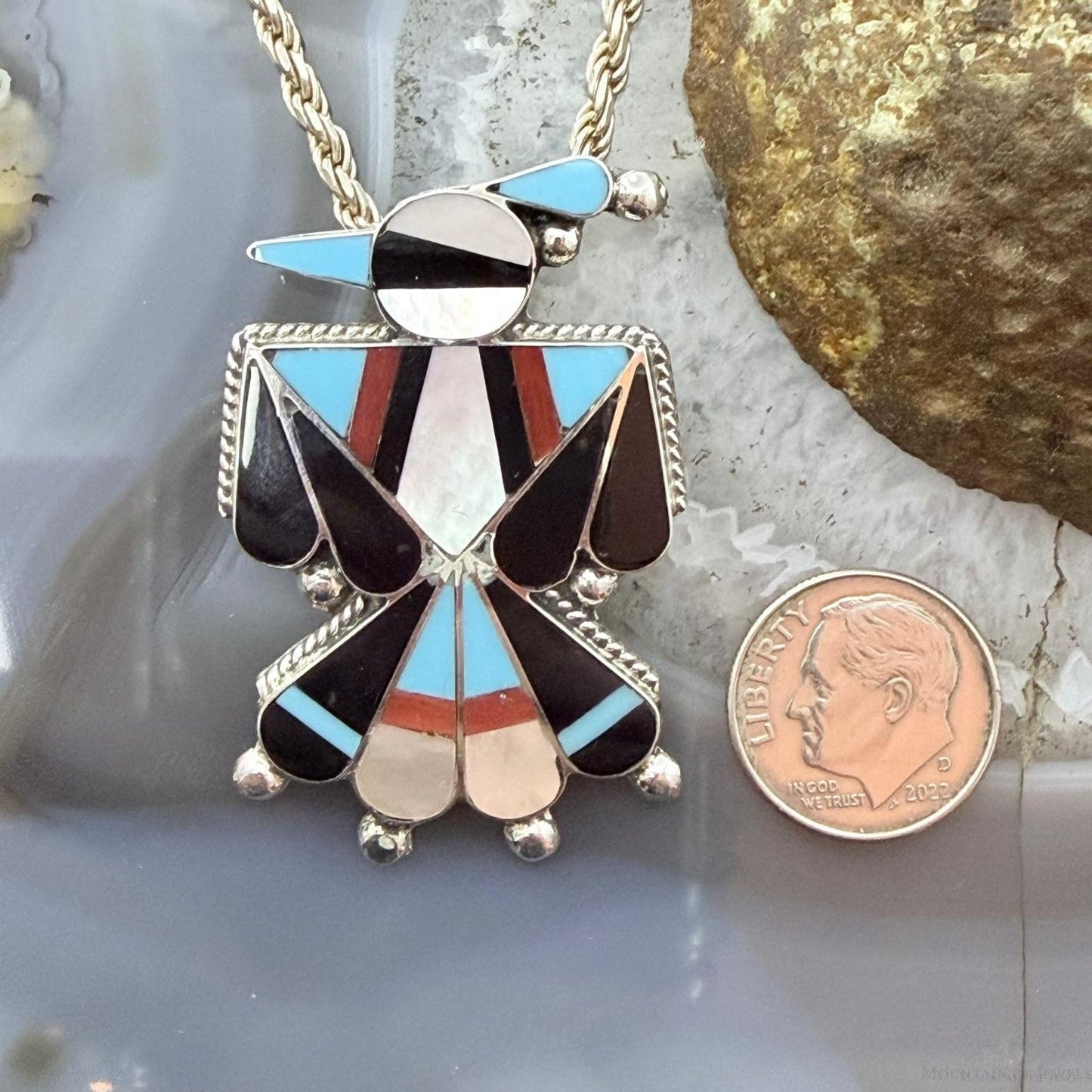 Signed Native American Sterling Silver Multi-Stone Inlay Thunderbird Unisex Pendant/Brooch