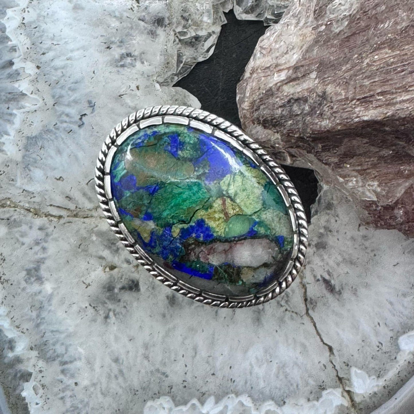 Sterling Silver Southwestern Style Oval Malachite Azurite Ring Size 7.5 For Women