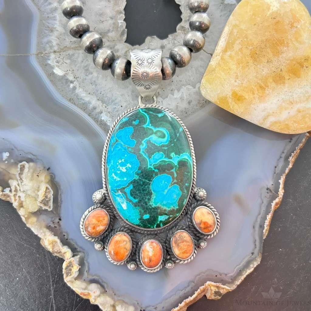 Sterling Silver Southwestern Style Malachite-Azurite & Spiny Pendant For Women