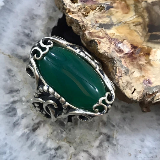 Carolyn Pollack Sterling Silver Oval Green Chalcedony Decorated Ring Size 9 For Women