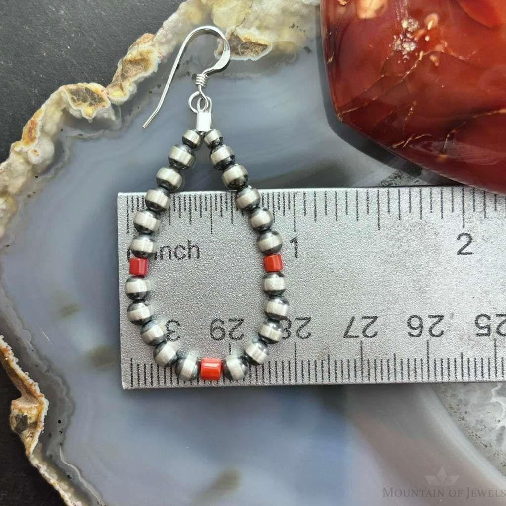 Navajo Pearl Beads 4mm and Coral Sterling Silver Hoop Dangle Earrings For Women