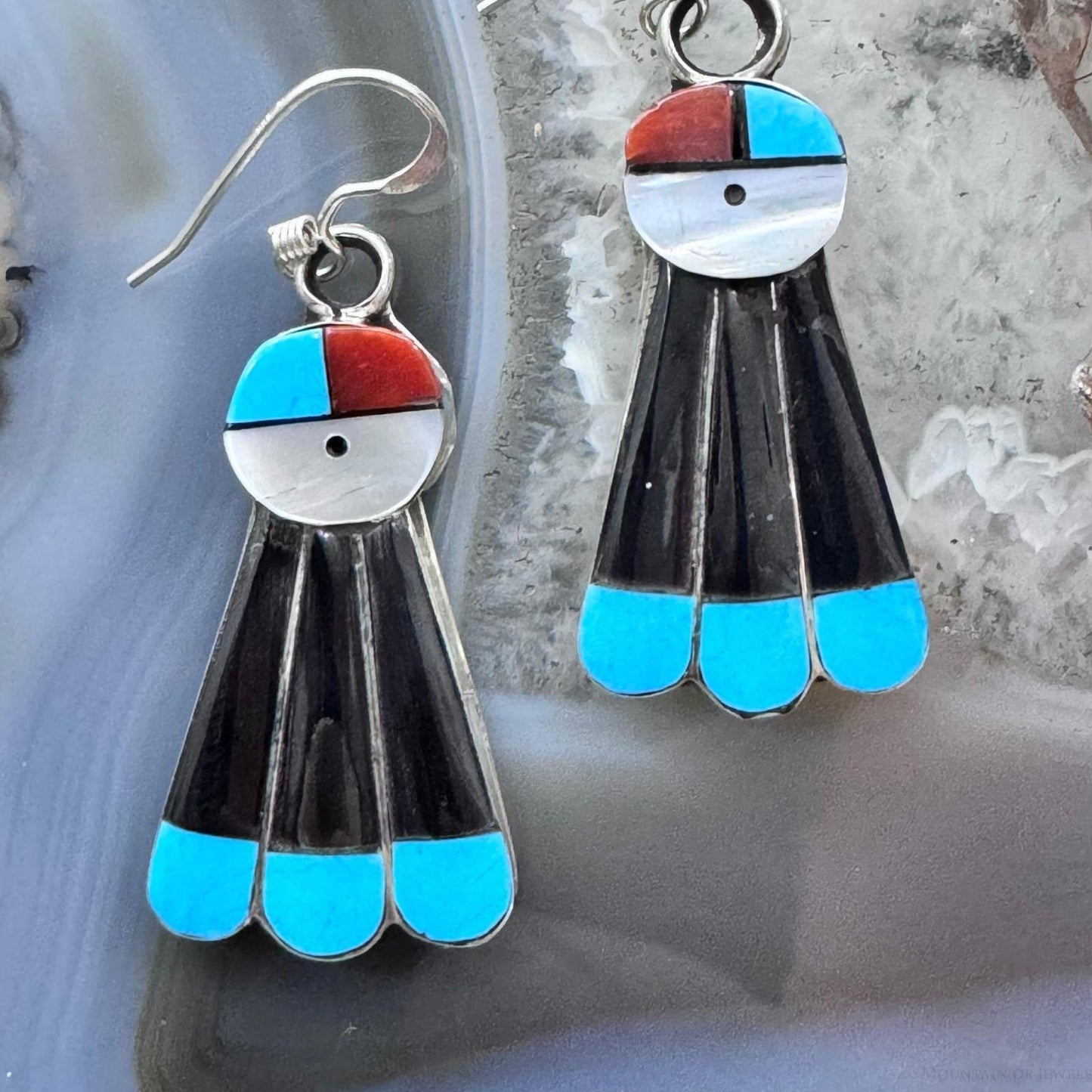 Clayton Vacit Zuni Silver Multistone Inlay Sunface Dangle Earrings For Women