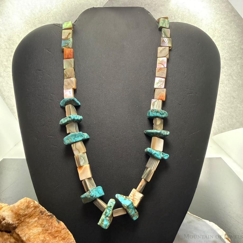 Vintage Silver Native American Chunky Turquoise w/Abalone 21" Necklace For Women