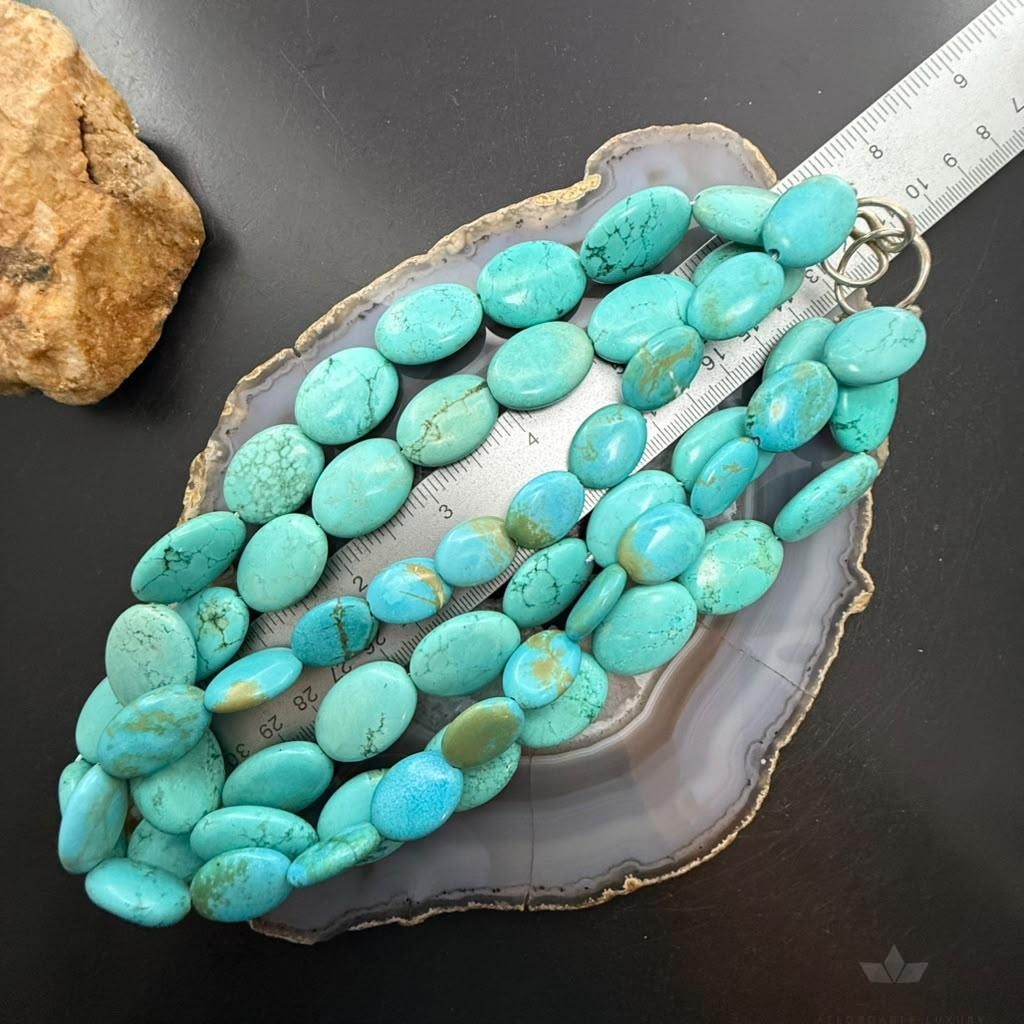 Vintage Native American Oval Turquoise Beads 3 Strands 14" Necklace For Women