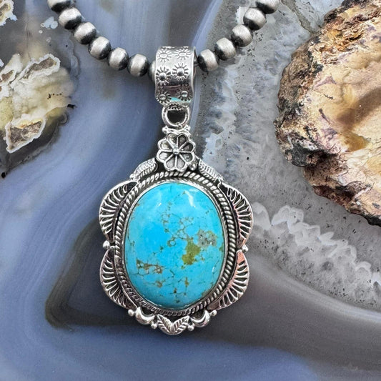 Sterling Silver Southwestern Style Large Oval Turquoise Decorated Pendant For Women