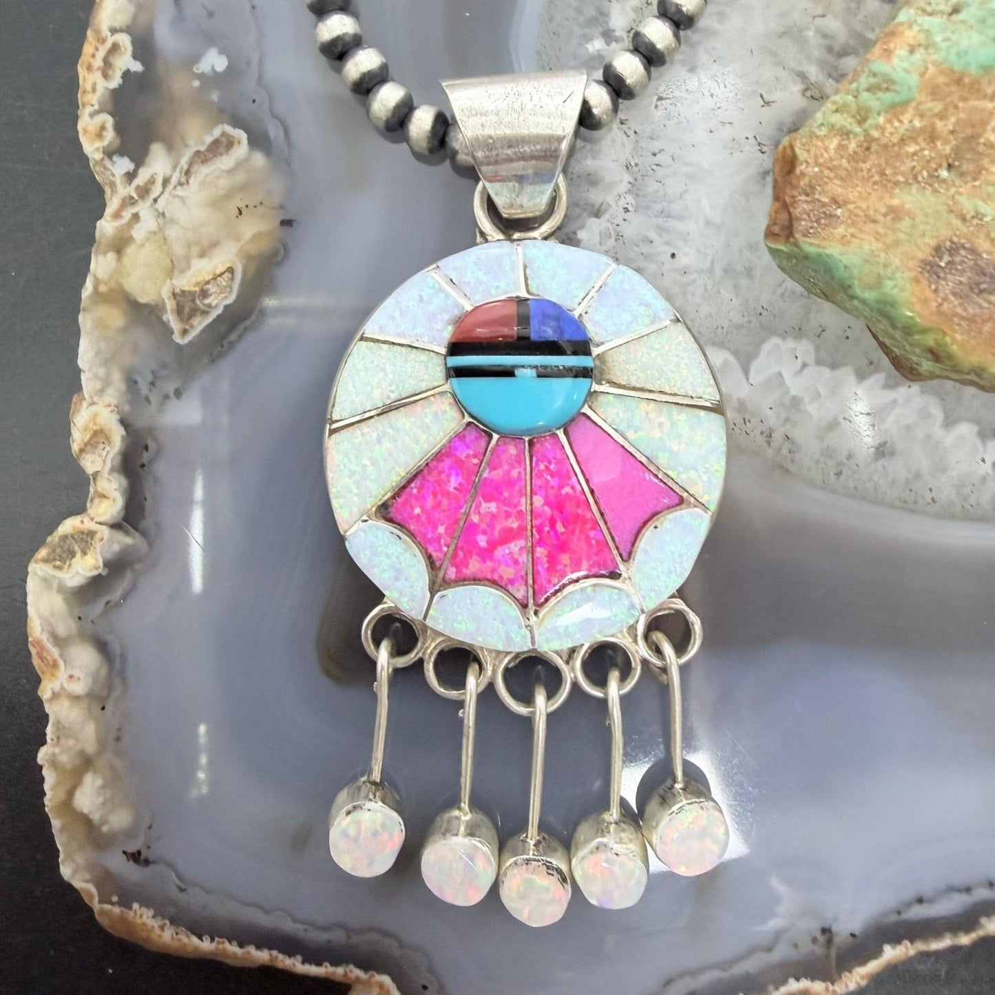 Amy Quandelacy Zuni Sterling Silver Sunface Opal,Turquoise,Coral Decorated Pendant