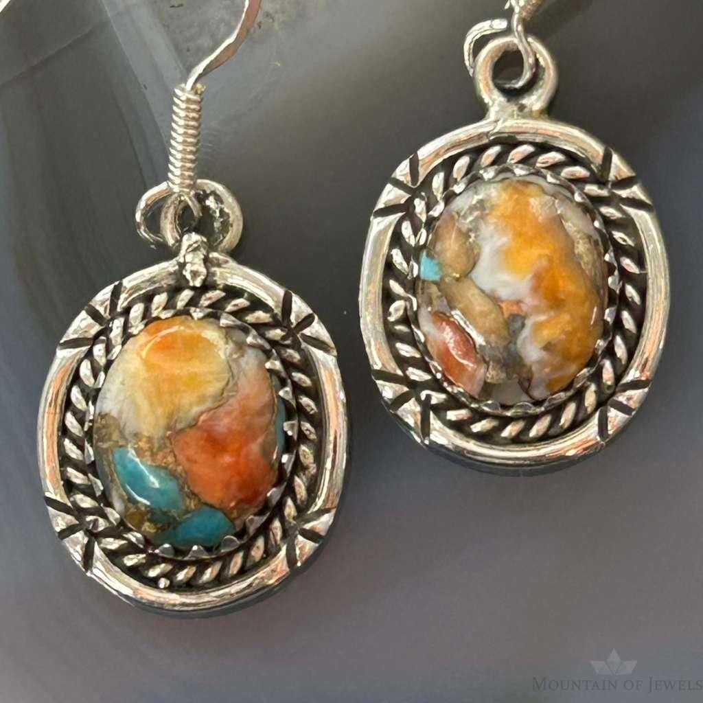 Sterling Silver Southwestern Style Spiny Oyster Turquoise Dangle Earrings For Women #2